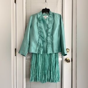 Rafael Green Long Sleeve Jacket Skirt Set Suit Petite Medium